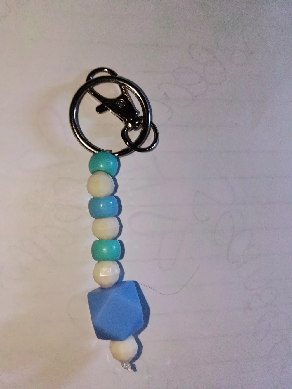 Blue and Teal Beaded Keychain with White Accents